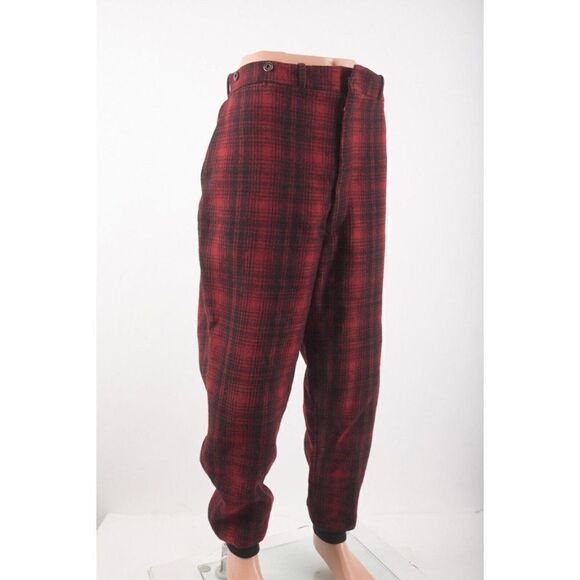 Vintage 1950s Woolrich Mens Hunting Pants Joggers Red Plaid Wool 34 Waist - Picture 2 of 7